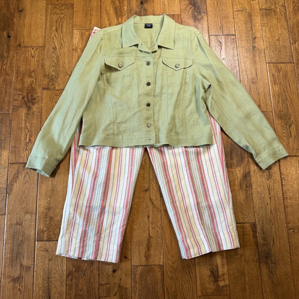 Tribal Women’s 100% Linen Sage Green Button Up Jacket XL and Striped Capri Sz 16